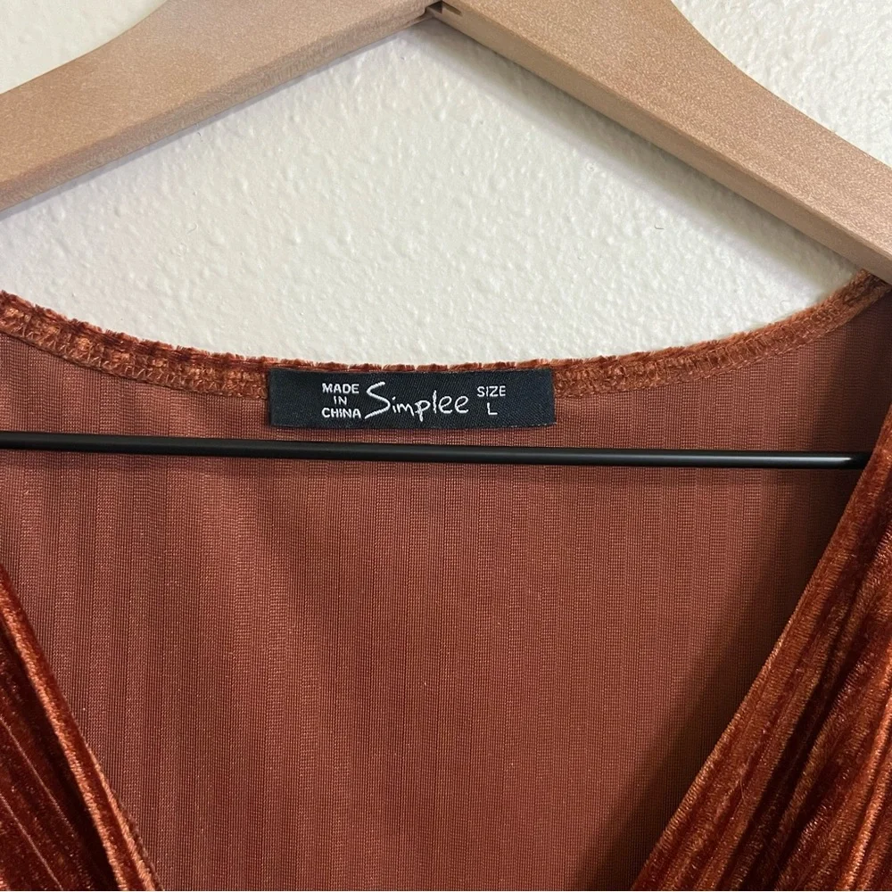 Simpler Rust Velvet Wrap Tie Dress- Size Large - Picture 6 of 7
